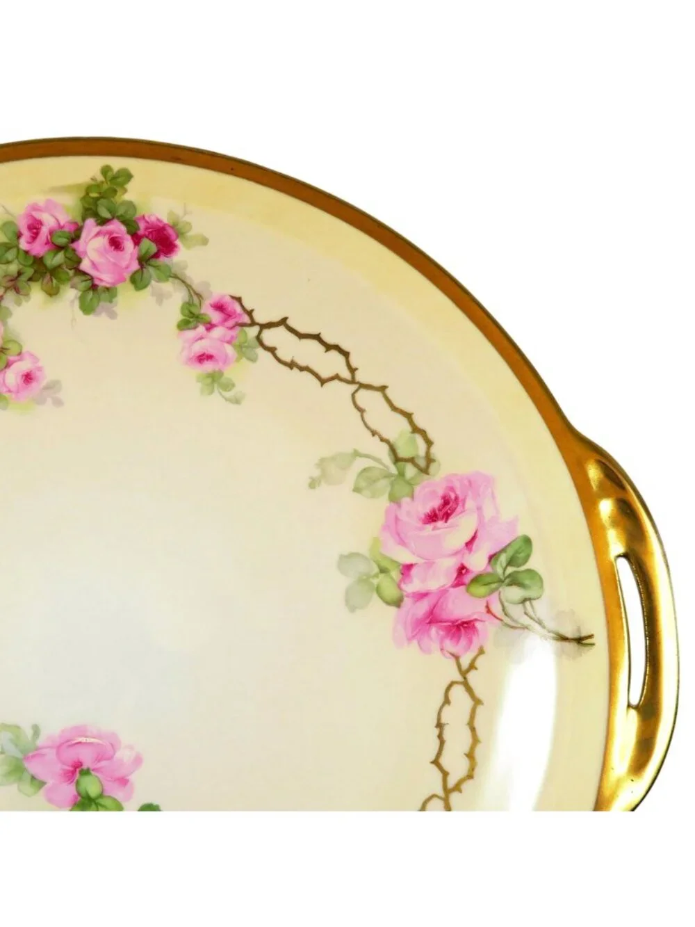Royal Rudolstadt Prussia 11" Hand-Painted Rose, Handled Serving Plate, Gold Trim - Picture 3 of 5